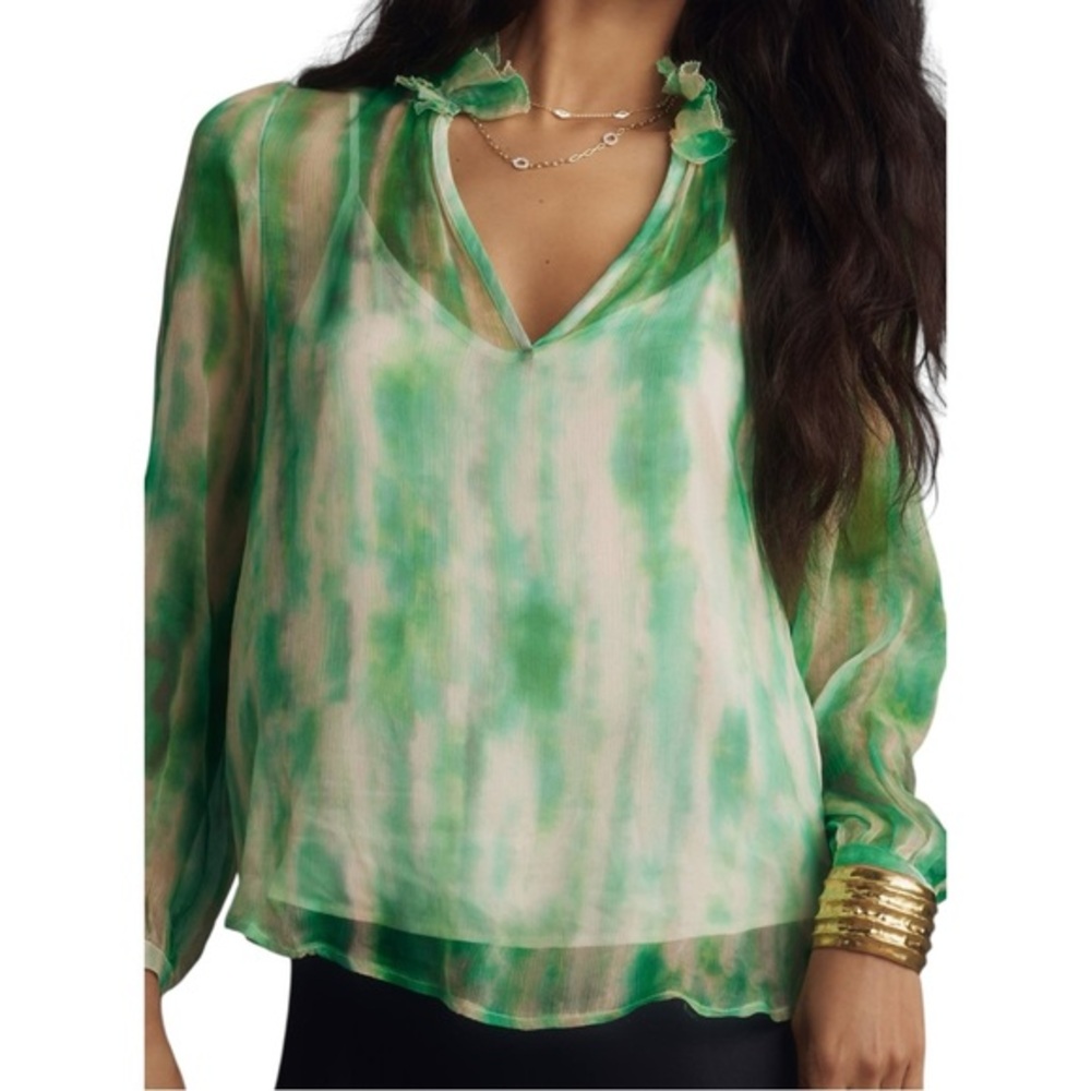 Anthropologie NWT Women’s Size M Green Silk Tie Dye Semi Sheer V Neck Blouse Top